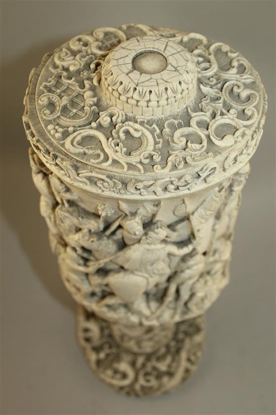 A large 19th century North European carved ivory vase and cover, probably German, 15in.